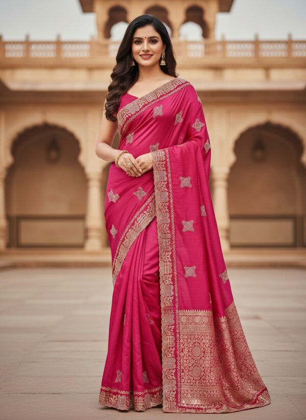 Women's Elegant Rani Pink Art Silk Saree with Zari Border