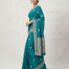Women's Teal Blue Art Silk Saree with Silver Zari Border