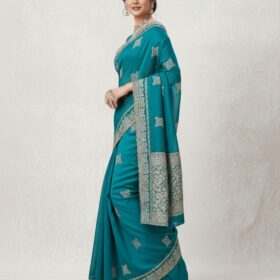 Women's Teal Blue Art Silk Saree with Silver Zari Border