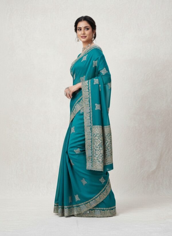 Women's Teal Blue Art Silk Saree with Silver Zari Border