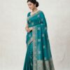 Women's Teal Blue Art Silk Saree with Silver Zari Border