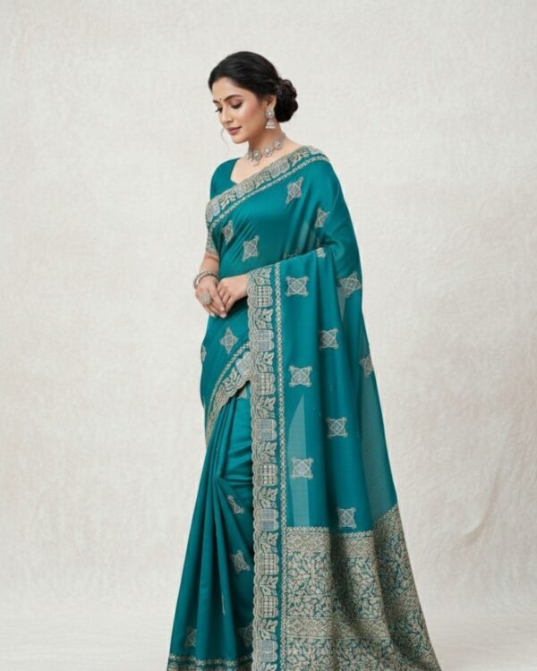 Women's Teal Blue Art Silk Saree with Silver Zari Border