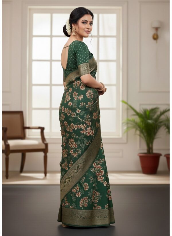 Women's Enchanting Dark Green Art Silk Saree with Floral Print and Zari Border