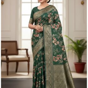 Women's Enchanting Dark Green Art Silk Saree with Floral Print and Zari Border