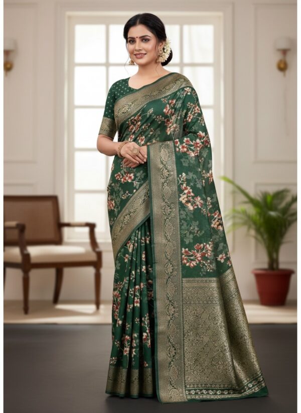 Women's Enchanting Dark Green Art Silk Saree with Floral Print and Zari Border