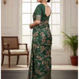 Women's Enchanting Dark Green Art Silk Saree with Floral Print and Zari Border