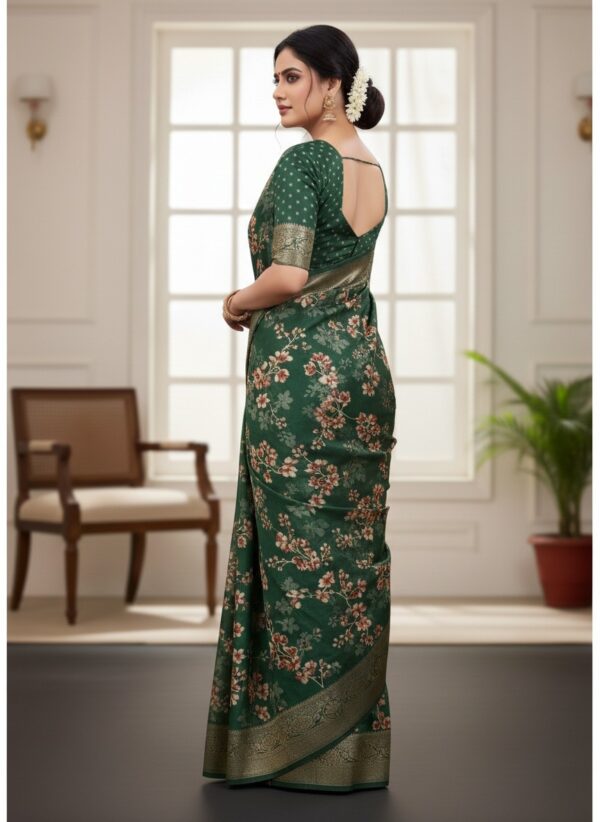 Women's Enchanting Dark Green Art Silk Saree with Floral Print and Zari Border