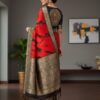 Bold Red and Black Abstract Print Art Silk Saree with Heavy Zari Border