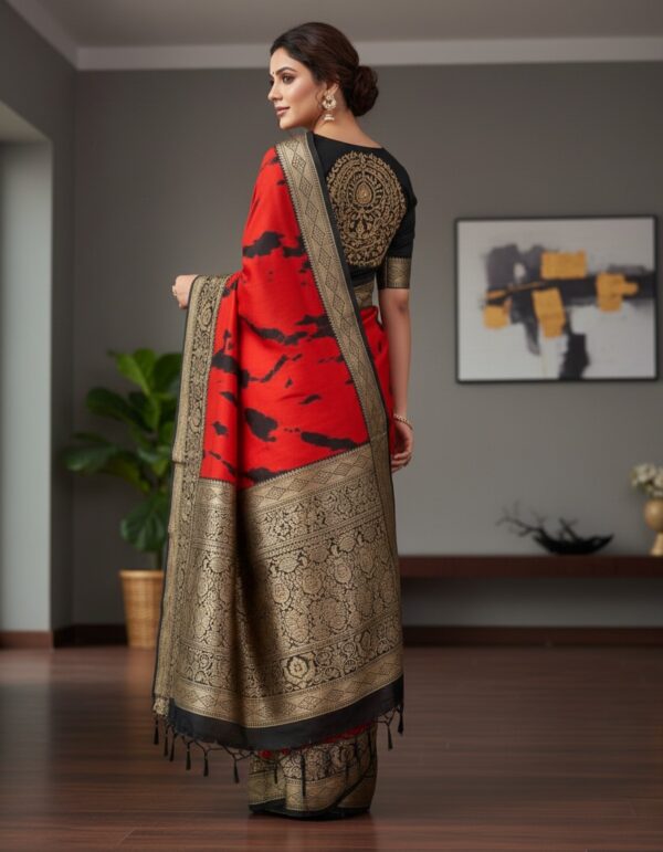 Bold Red and Black Abstract Print Art Silk Saree with Heavy Zari Border