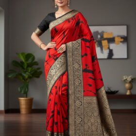 Bold Red and Black Abstract Print Art Silk Saree with Heavy Zari Border