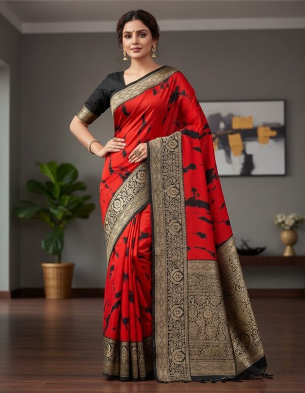 Bold Red and Black Abstract Print Art Silk Saree with Heavy Zari Border