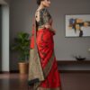 Bold Red and Black Abstract Print Art Silk Saree with Heavy Zari Border
