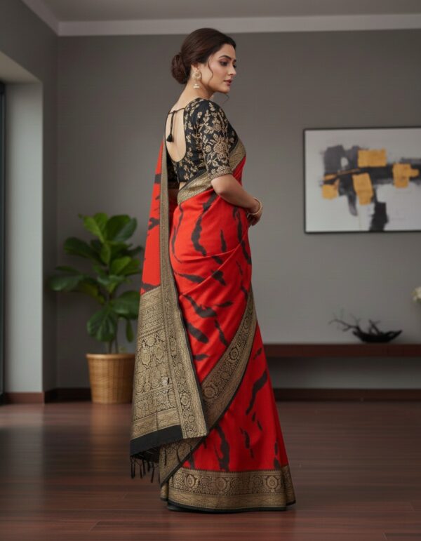 Bold Red and Black Abstract Print Art Silk Saree with Heavy Zari Border