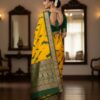 Vibrant Mustard Yellow Art Silk Saree with Green Abstract Print & Zari Border