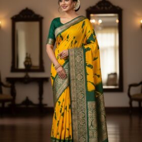 Vibrant Mustard Yellow Art Silk Saree with Green Abstract Print & Zari Border