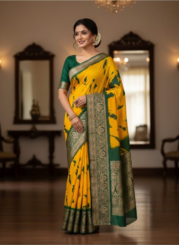 Vibrant Mustard Yellow Art Silk Saree with Green Abstract Print & Zari Border