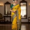Vibrant Mustard Yellow Art Silk Saree with Green Abstract Print & Zari Border