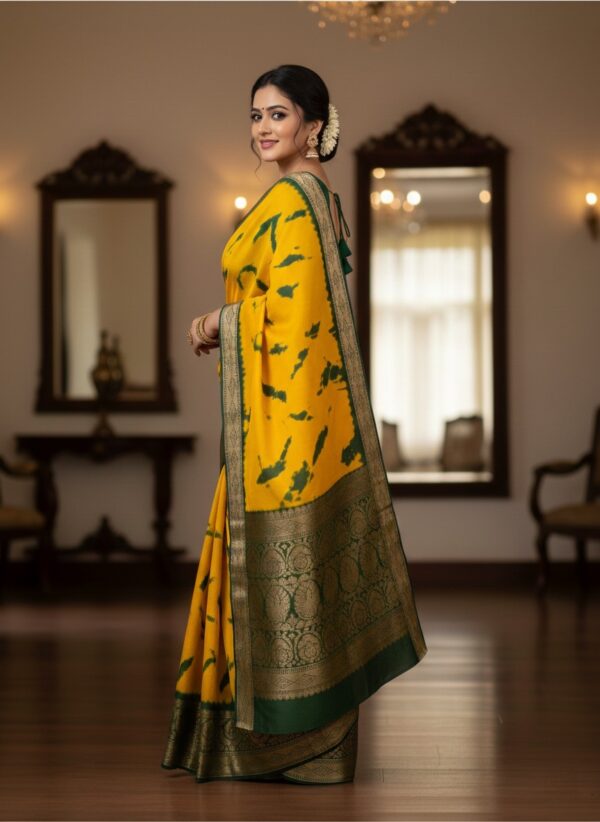 Vibrant Mustard Yellow Art Silk Saree with Green Abstract Print & Zari Border