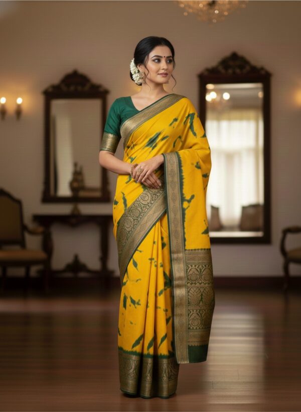 Vibrant Mustard Yellow Art Silk Saree with Green Abstract Print & Zari Border