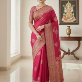 Royal Rose Pink Banarasi Art Silk Saree with Elegant Copper-Gold Zari Weaving