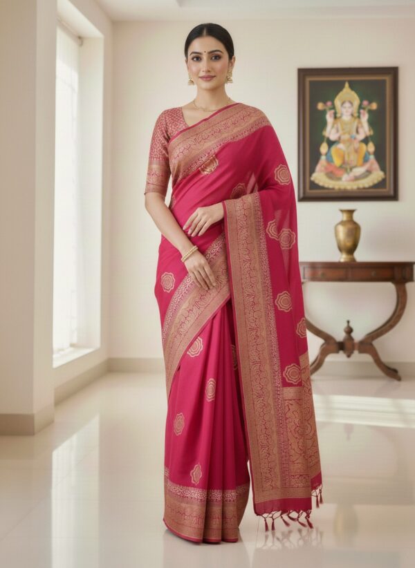 Royal Rose Pink Banarasi Art Silk Saree with Elegant Copper-Gold Zari Weaving
