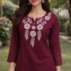 Women’s Maroon Cotton Silk Embroidered Short Kurti
