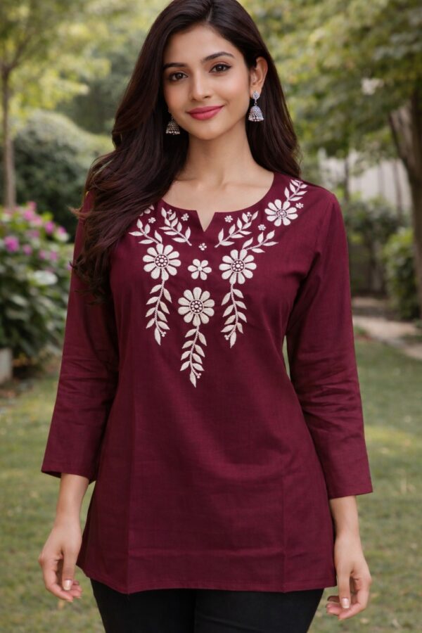Women’s Maroon Cotton Silk Embroidered Short Kurti