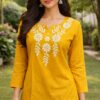 Women's Mustard Yellow Embroidered Cotton Silk Short Kurti