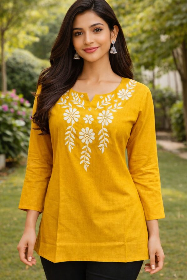 Women's Mustard Yellow Embroidered Cotton Silk Short Kurti