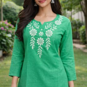 Women's Emerald Green Embroidered Cotton Silk Short Kurti
