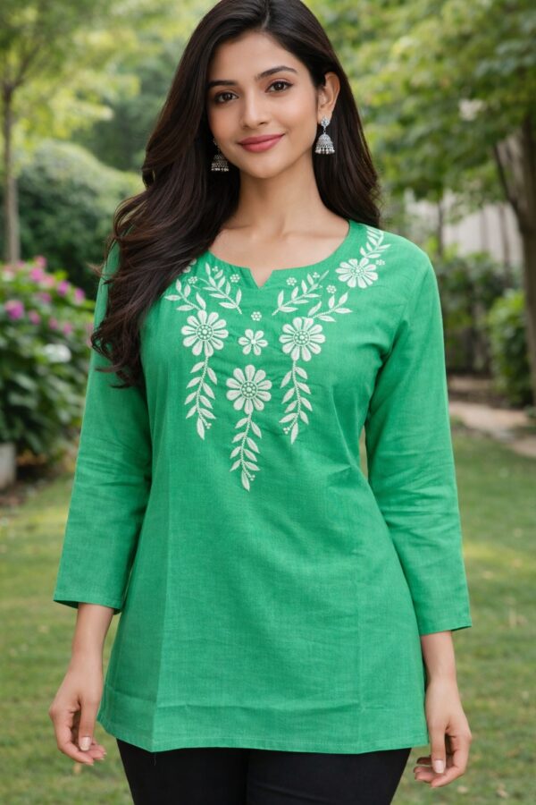 Women's Emerald Green Embroidered Cotton Silk Short Kurti