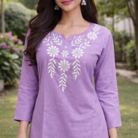 Women's Lavender Cotton Silk Embroidered Short Kurti