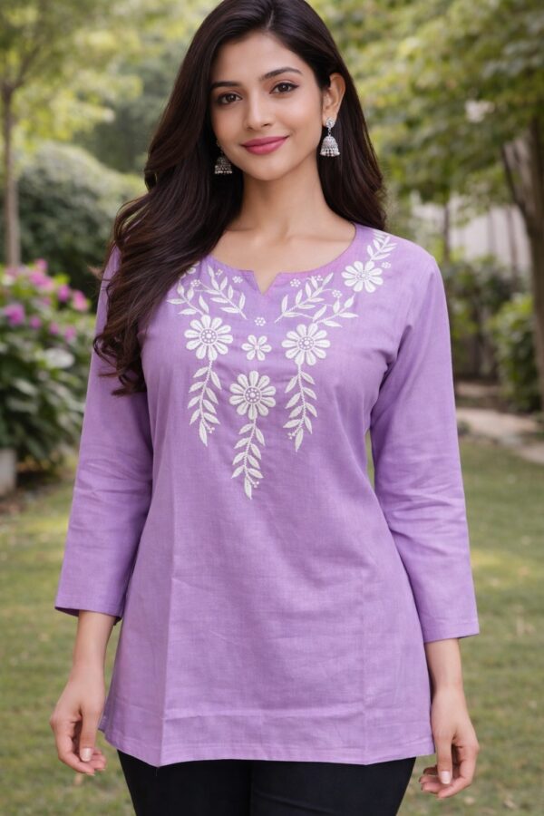 Women's Lavender Cotton Silk Embroidered Short Kurti