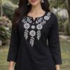Women's Jet Black Cotton Silk Embroidered Short Kurti
