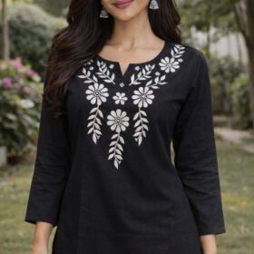 Women's Jet Black Cotton Silk Embroidered Short Kurti