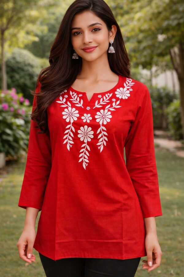 Women's Radiant Red Cotton Silk Embroidered Short Kurti