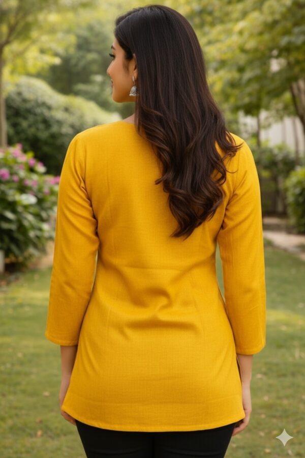 Women's Mustard Yellow Embroidered Cotton Silk Short Kurti