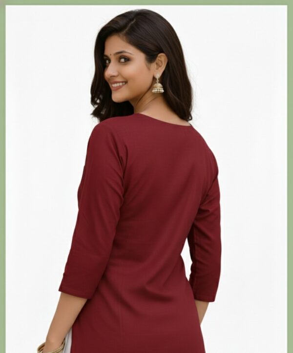 Women’s Maroon Cotton Silk Embroidered Short Kurti