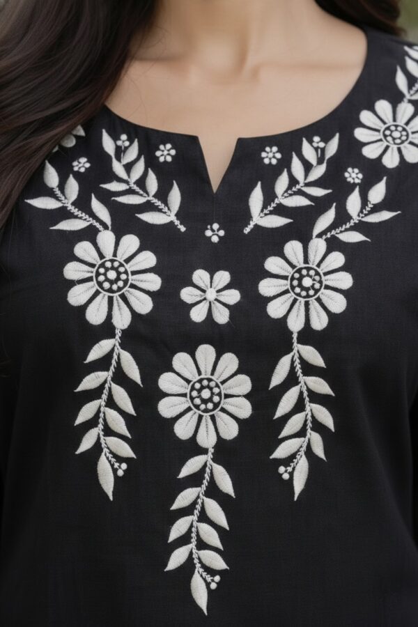 Women's Jet Black Cotton Silk Embroidered Short Kurti