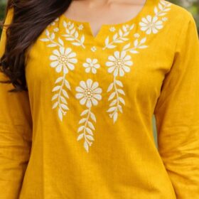 Women's Mustard Yellow Embroidered Cotton Silk Short Kurti