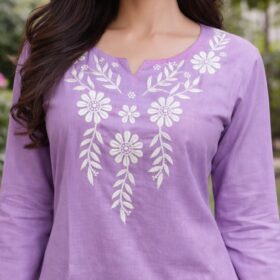 Women's Lavender Cotton Silk Embroidered Short Kurti