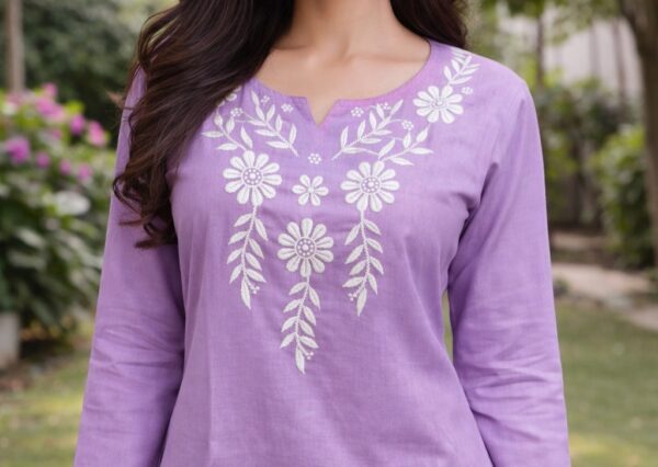 Women's Lavender Cotton Silk Embroidered Short Kurti