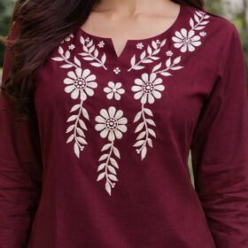 Women’s Maroon Cotton Silk Embroidered Short Kurti